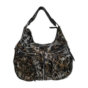 Chez Fine Leather Leopard Print Shoulder Bag Brown Gray Purse
